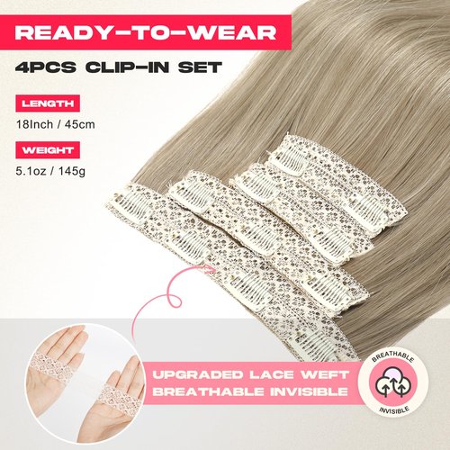 NTYNTY Hair Extensions, 4PCS 18" Clip in Hair Extensions Layered Cut Natural Lightweight Hairpieces with Thinner Softer Invisible Weft for Women - Ash Brown with Highlights