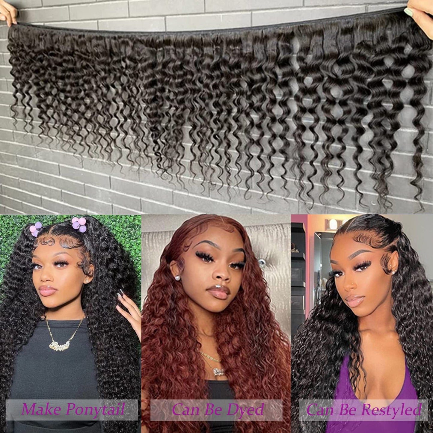 Deep Wave Human Hair Bundles 12 14 16 Inch Curly Bundles Human Hair 100% Unprocessed Brazilian Virgin Human Hair 3 Bundles 10A Wet and Wavy Bundles Human Hair Natural Black Color