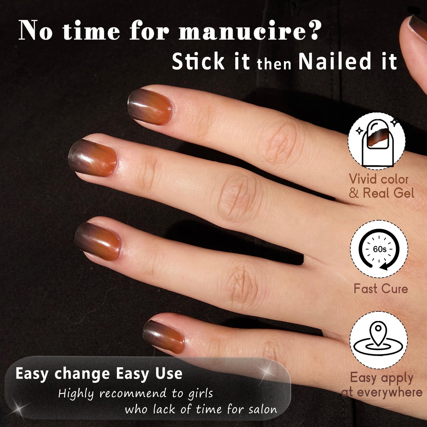 GelMala Gel Nail Stickers Fall Nail Design with Black and Brown Ombre Gel Nail Stickers, Long Lasting, Easy to Apply &Remove -Gel Strips for Nails Nail Wraps,Easy for begginners (Vateran)