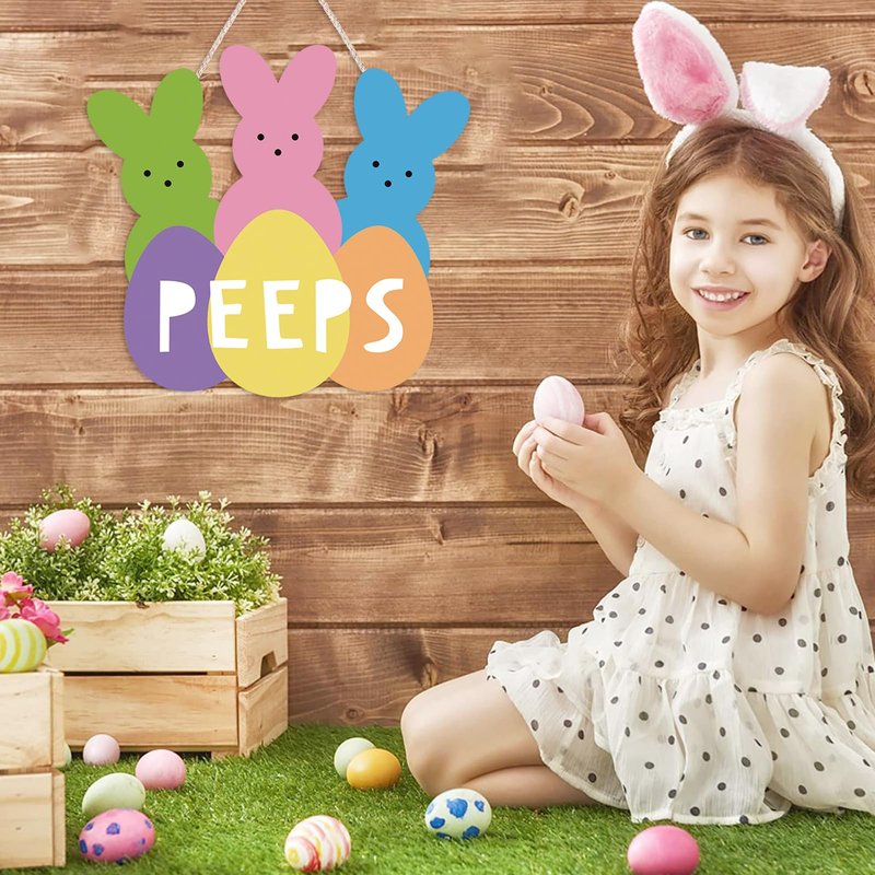 Easter Wreath Hanging Sign, Welcome Peeps Easter Door Decorations Cute Bunny Wood Hanger Wall Decor Home Window Farmhouse Door Sign Front Door