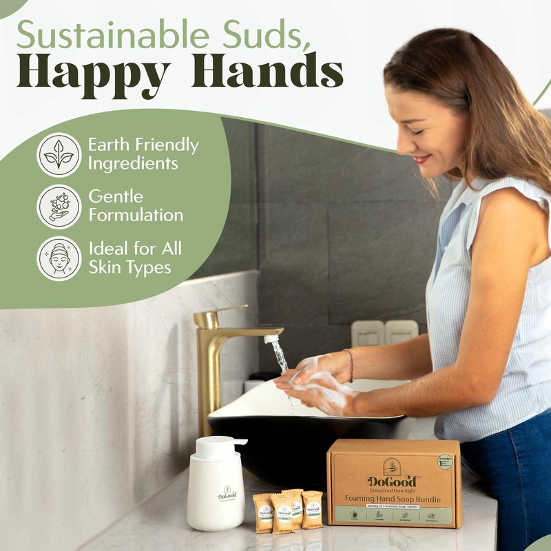 DoGood Foaming Hand Soap Starter Kit – Refillable 350 mL Ceramic Dispenser & 4 Scented Tablets – Eco-Friendly Zero-Waste Foam Soap (Lavender, Lemon, Eucalyptus, Sandalwood)