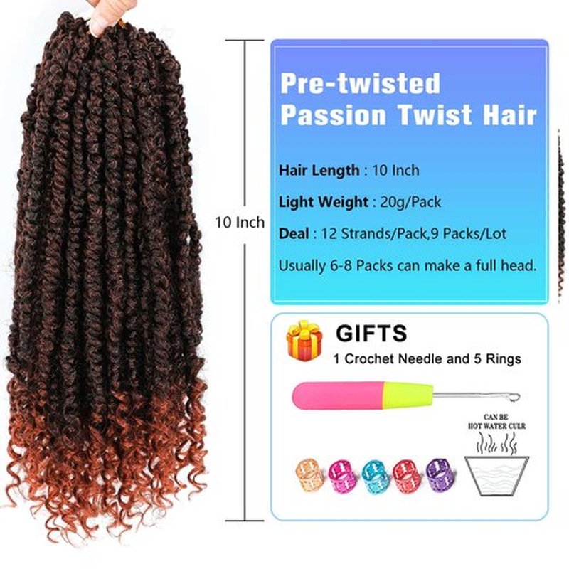 350 Passion Twist hair Pretwisted, 10 Inch 9 Packs Passion Twist Crochet Hair,Soft Pre Twisted and Looped Crochet Hair For Women, Short Curly Crochet Braids(10",T1B/350#)