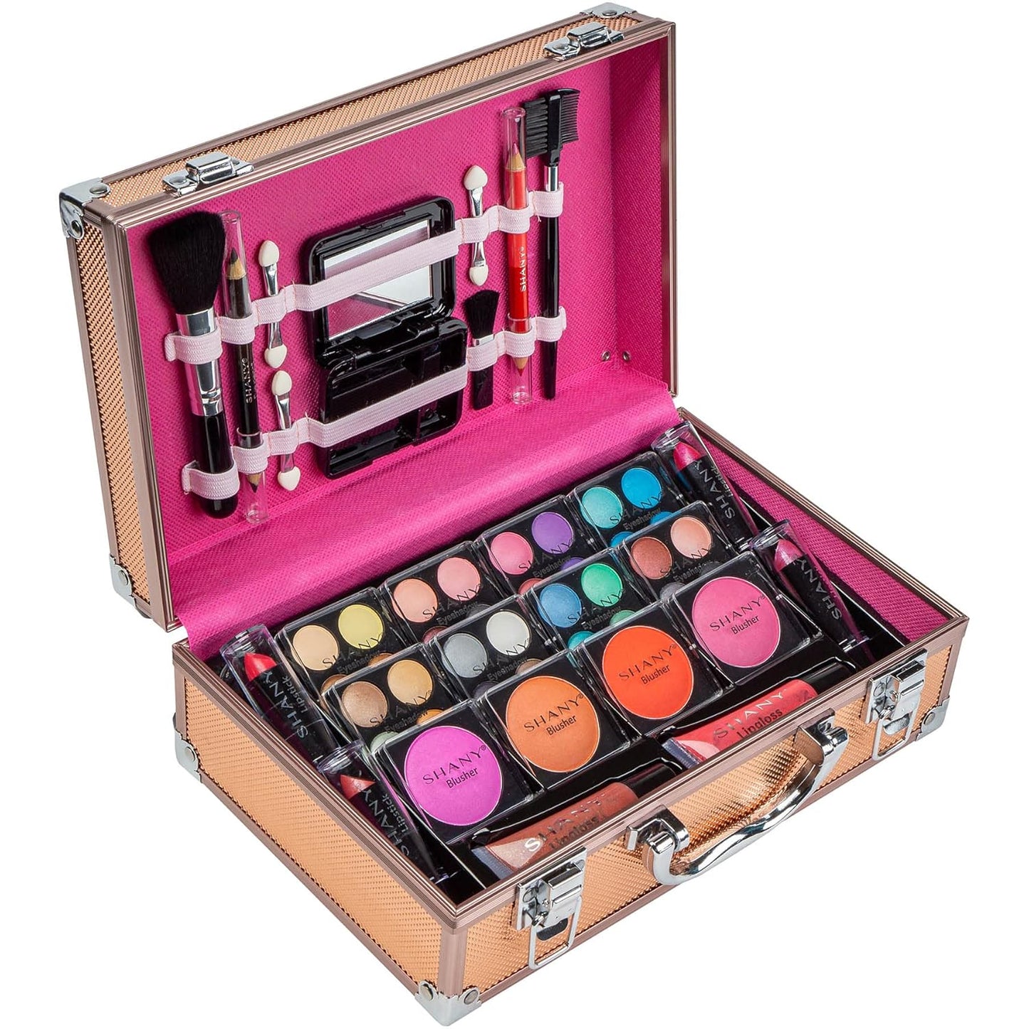 SHANY Carry All Make up Train Case with Pro Makeup Set, Beauty Brushes, Lipsticks, Eye Shadows, Blushes, Powders, and more - Reusable Cosmetics Storage Organizer - Premium Gift Packaging - Leopard