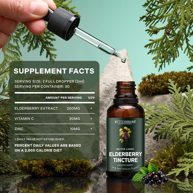 Betterbrand BetterLungs Elderberry Tincture, Natural Immune Support Supplement - Sugar-Free, Non-GMO, Alcohol Free, Vegetarian - 30 Day Supply