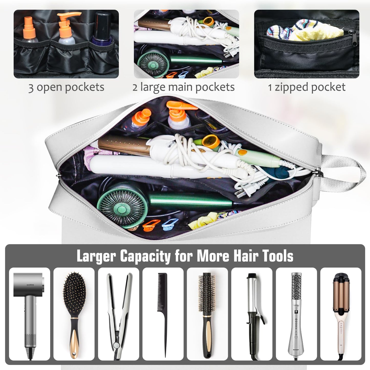 Hair Tools Travel Bag, Upgraded Large Travel Bag with Heat Resistant Mat, 2-in-1 Design Hair Tool Organizer Bag for Curling Iron, Hair Dryer, Straighteners, Skincare, Best Travel Essentials (Grey)
