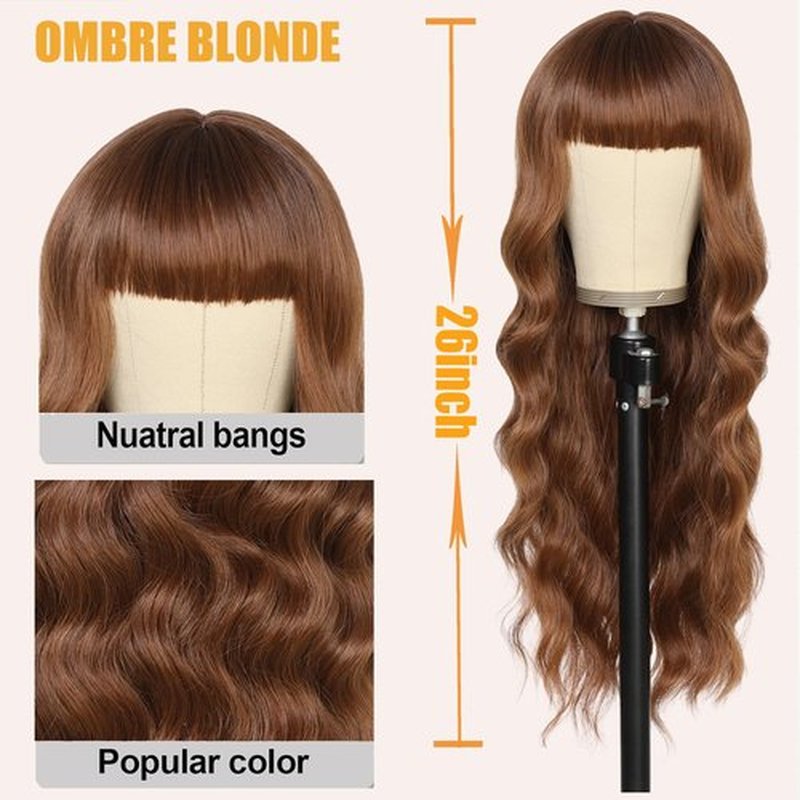 Auburn Wig with Bangs 26 Inches Long Wavy Curly Wig for Women Synthetic Wigs Ombre Auburn Wig with Bangs Long Wavy Wig Hair Dark Root Synthetic Wigs Heat Resistant Fiber Ombre Auburn wigs for women
