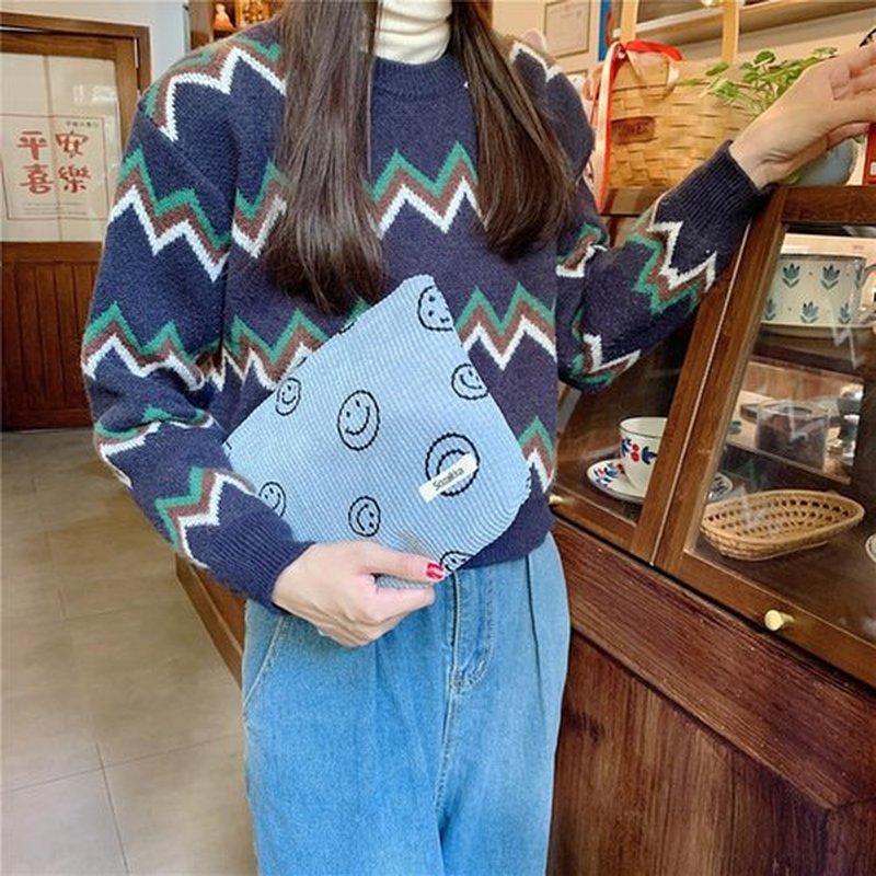 Cosmetic Bags for Women - Corduroy Cosmetic Bag Aesthetic Women Handbags Purses Smile Dots Makeup Organizer Storage Makeup Bag Girls Case Bags (Blue)