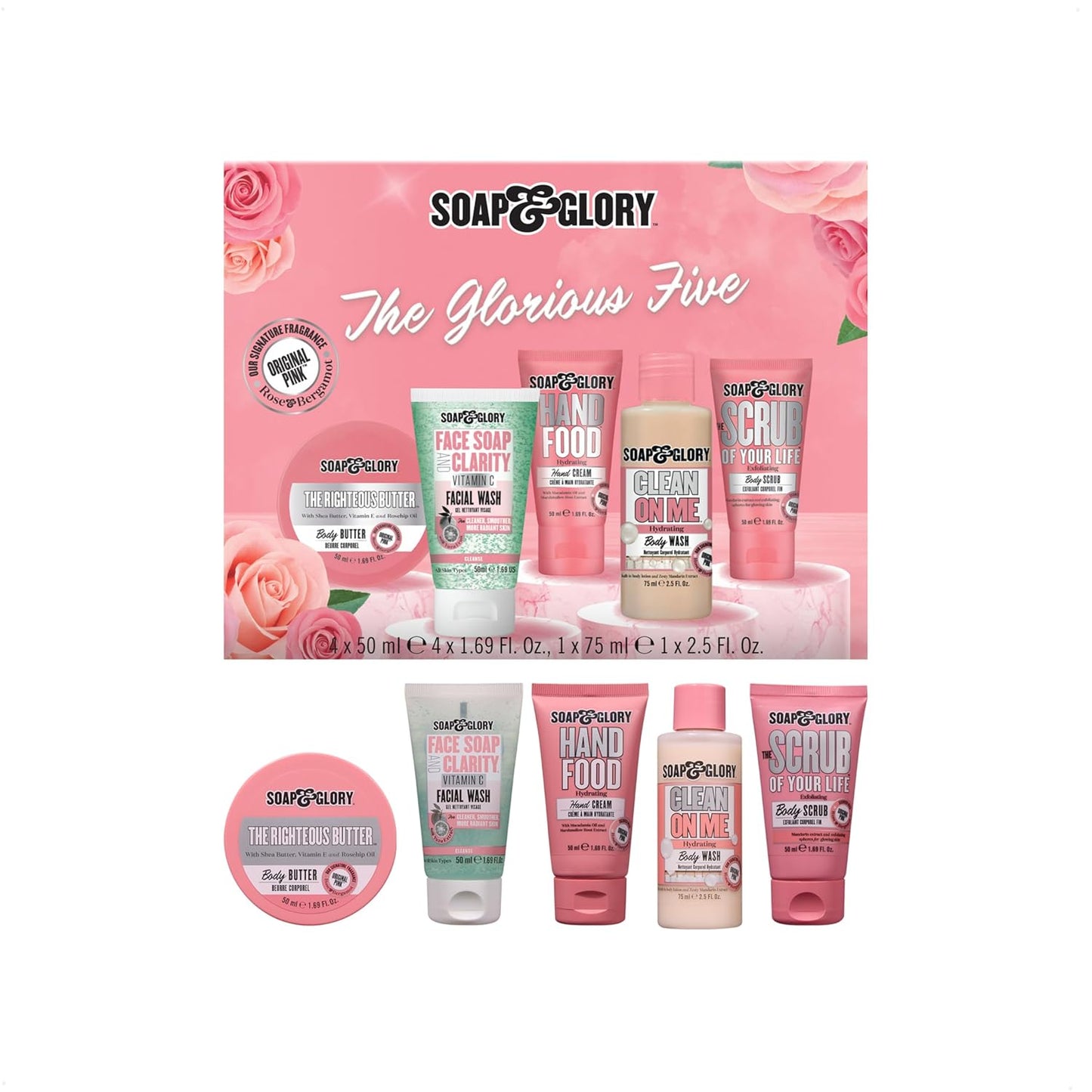 Soap & Glory Holiday Gift Set - Righteous Butter, Shower Gel, Scrub, Face Wash & Lip Gloss