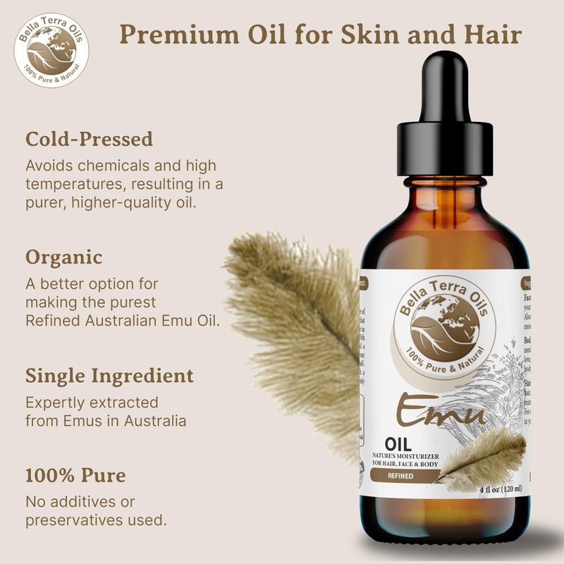 Bella Terra Oils Pure Emu Oil – Rapid Absorption, Rich in Fatty Acids, Deeply Moisturizing, Enhances Skin Elasticity, Cruelty-Free