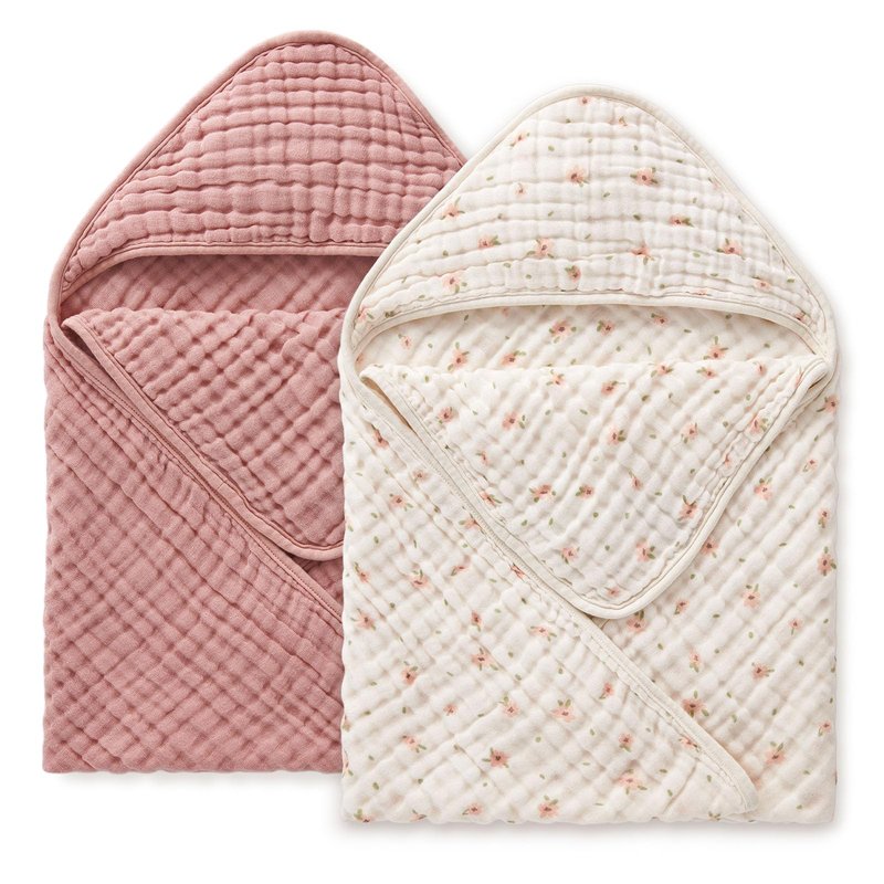 Blissful Diary Muslin Baby Hooded Towel 2 Pack, Soft & Absorbent Bath Towel for Baby Girls, Infant Gift, Newborn Essentials, Pink Floral & Light Pink
