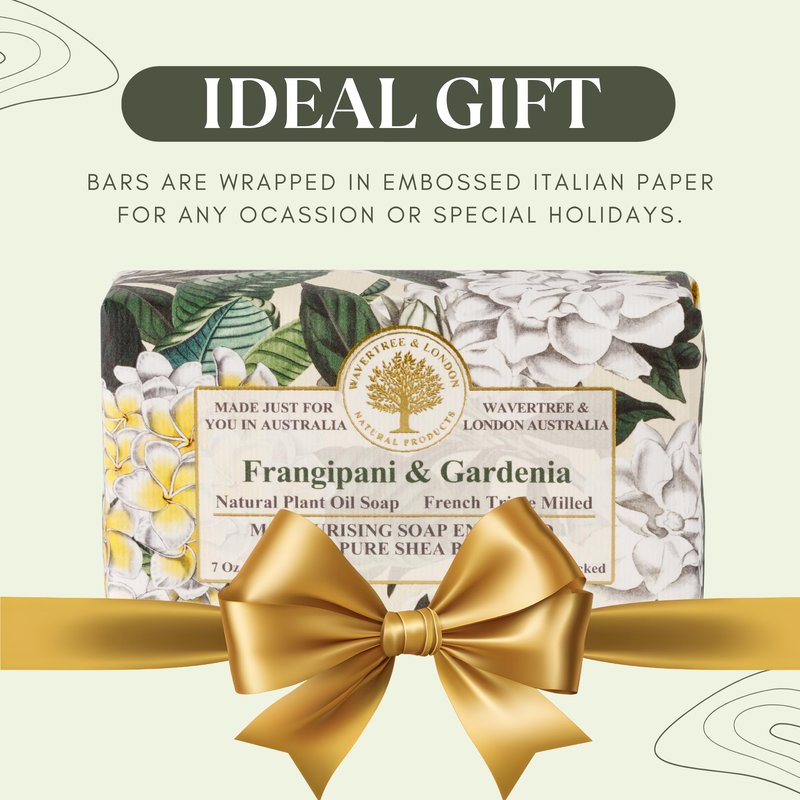 Wavertree & London Frangipani & Gardenia Scented Natural Soap Bar, 7oz Moisturizing French Triple Milled Soap Bar for Women & Men Enriched with Organic Shea Butter, Pure Bath & Body soap bar (1 Bar)