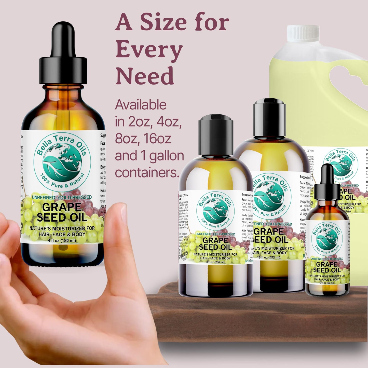 Bella Terra Oils - Natural Grape Seed Oil 8 oz - Dive into Natural Grape's Nutritional Power, Packed with Antioxidants & Omega-6, Elevate Your Skin Care Essence