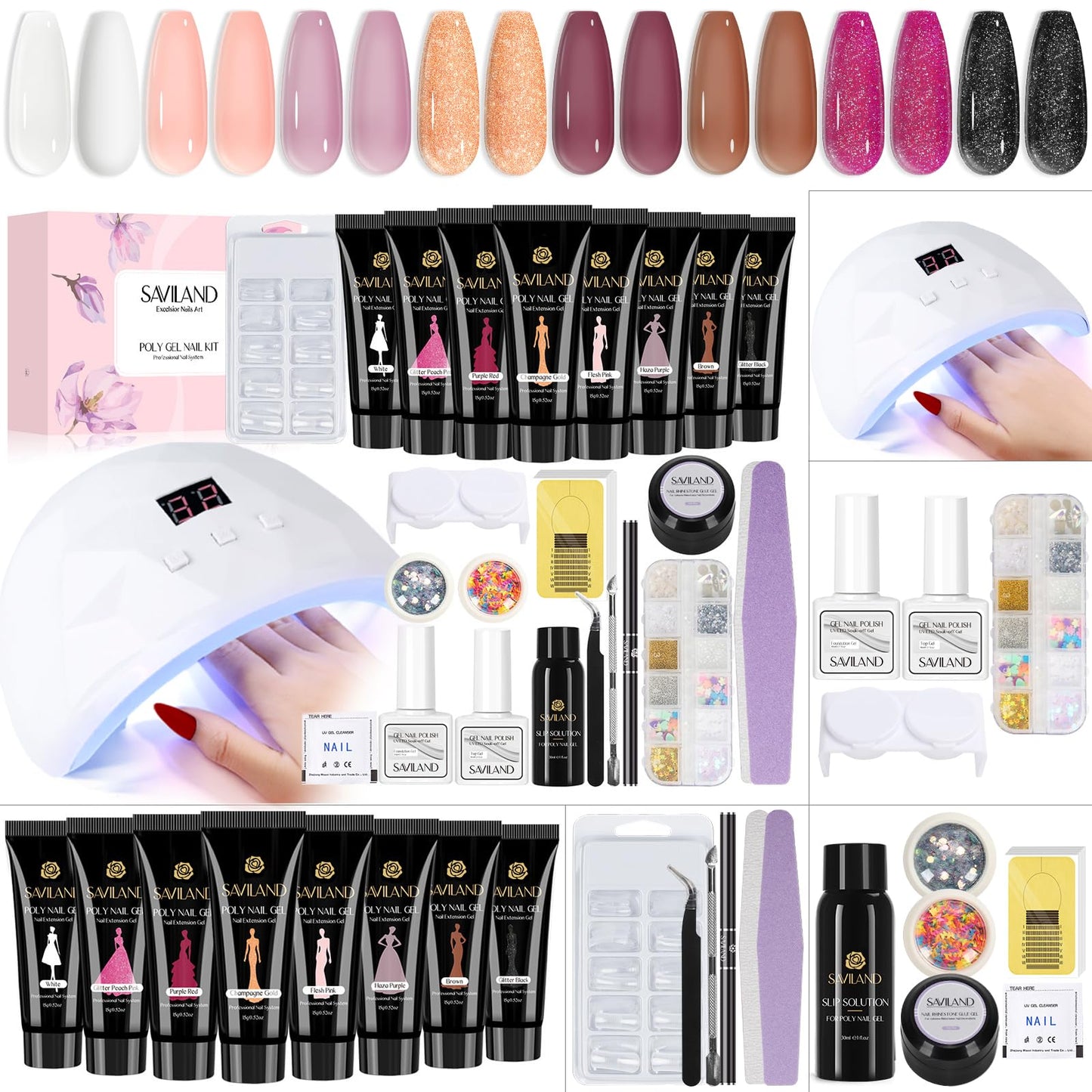 SAVILAND Poly Gel Nail Kit - 6 Colors Polygel Nail Kit with U V Light Purple Pink Nails Extension Gel with Slip Solution Nail Tools All-in-1 Manicure Starter Kit for Home DIY Set