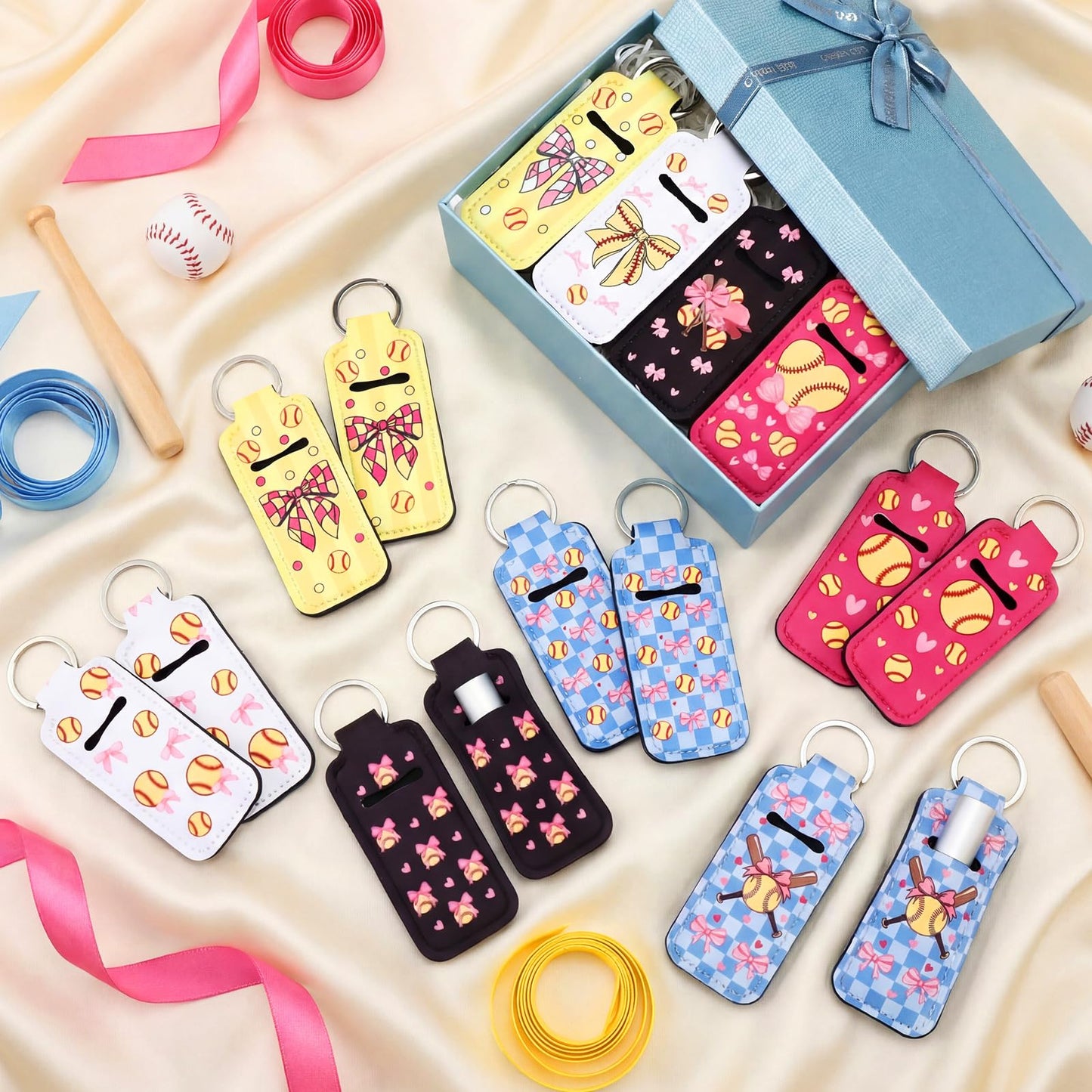 Ctosree 20 Pcs Coquette Softball Party Favors Lipstick Holder Keychains Bulk Softball Bow Lip Balm Holder Keychain Sport Ball Team Gifts Bulk for Sports Team Fans Birthday Party Supplies