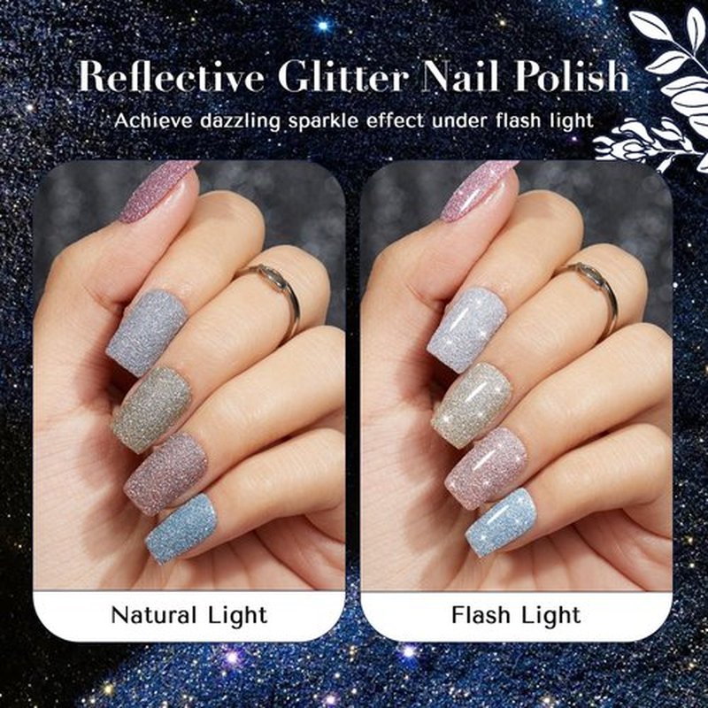 AZUREBEAUTY Reflective Nail Polish Set, 8 Colors Glitter Sparkly Shiny Green Silver Pink Quick Dry Natural Nail Lacquer Vegan Strengthening Treatment DIY Manicure Nail Salon