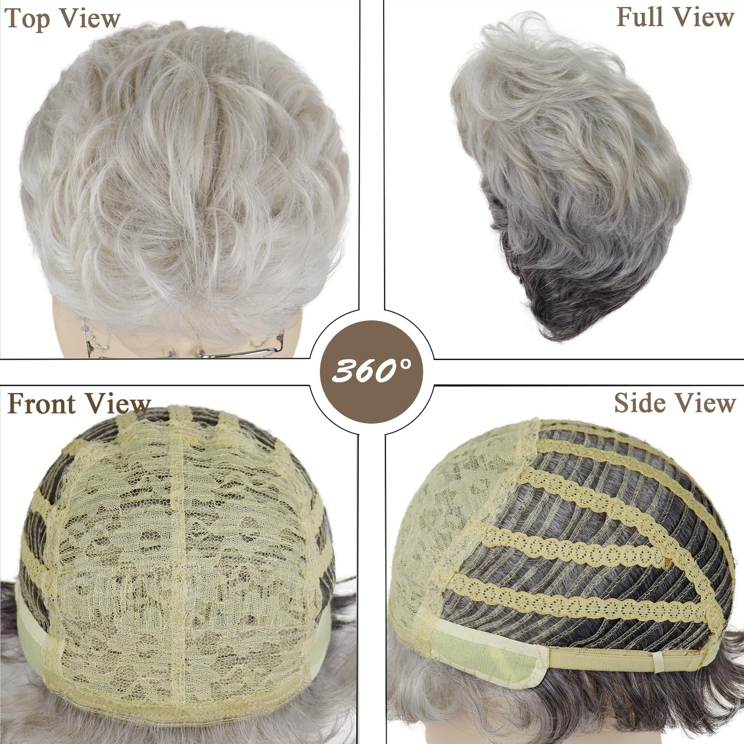 GNIMEGIL Old Lady Wig Set Synthetic Hair Ombre Grey Grandma Wig for 100 Days of School Mommy Costume Granny Outfits White Women Short Curly Wig with Glasses, Necklace & Chain for Older Ladies