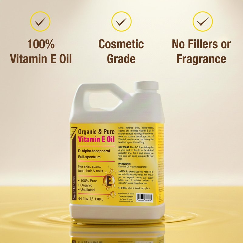 Seven Minerals Ultra Pure Vitamin E Oil - Full-Spectrum D-Alpha Tocopherol,100% Organic Vitamin E Oil for Skin, Face, Hair, and Scars - Naturally Occurring = Not Synthetic - 64 fl oz (Half-Gallon) Jug