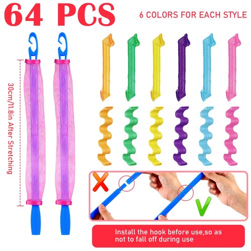Yilloog 60 Pieces Spiral Curlers Styling Kit - 2 Styles No Heat Wave Heatless Silicone Curlers with Hooks and Bags for Long, Medium, and Short Hair (11.8 Inch)
