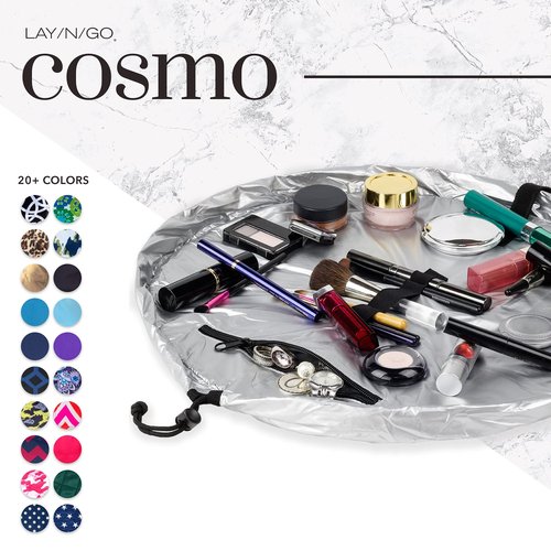 Lay-n-Go Cosmo Drawstring Cosmetic & Makeup Bag Organizer - Portable Drawstring Makeup Bag w/Zipper Pocket, Makeup Loops & More -Durable, Machine Washable Makeup Bag for Travel (20”, Metallic Silver)
