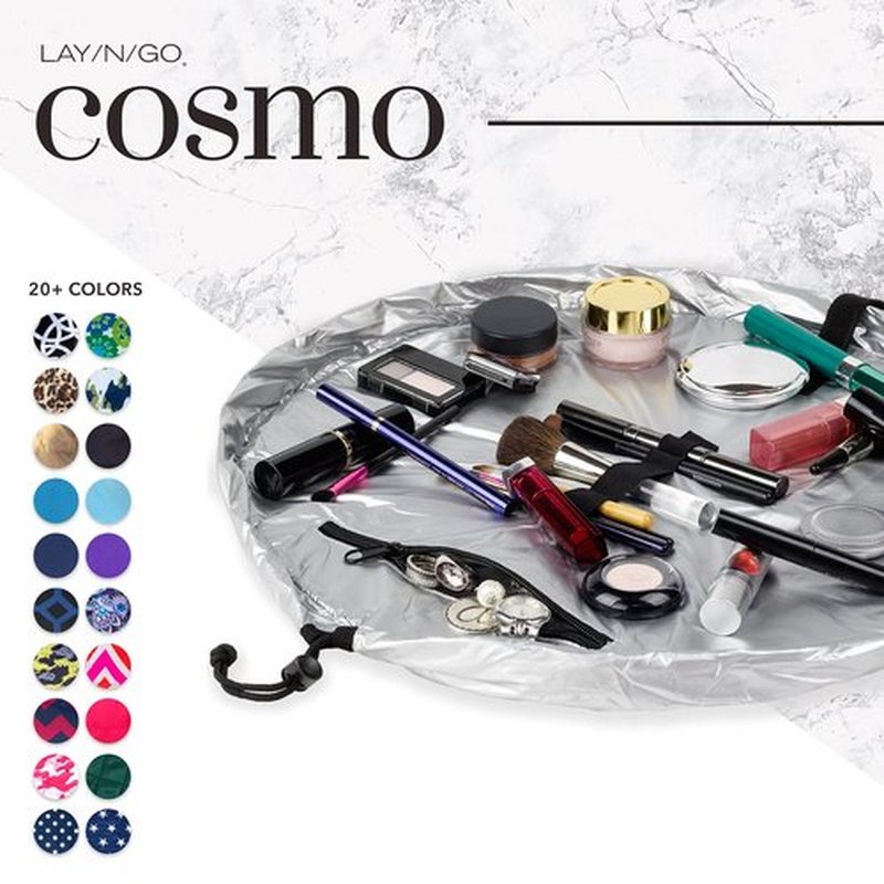 Lay-n-Go Cosmo Drawstring Cosmetic & Makeup Bag Organizer - Portable Drawstring Makeup Bag w/Zipper Pocket, Makeup Loops & More -Durable, Machine Washable Makeup Bag for Travel (20”, Metallic Silver)
