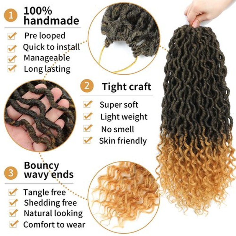 Goddess Locs Crochet Hair 18 Inch 6 Packs Ombre Blonde Faux Locs Crochet Hair Pre Looped Crochet Locs for Black Women Soft Faux Loc with Curly Ends(1B/144, 18 Inch, 6 Packs)