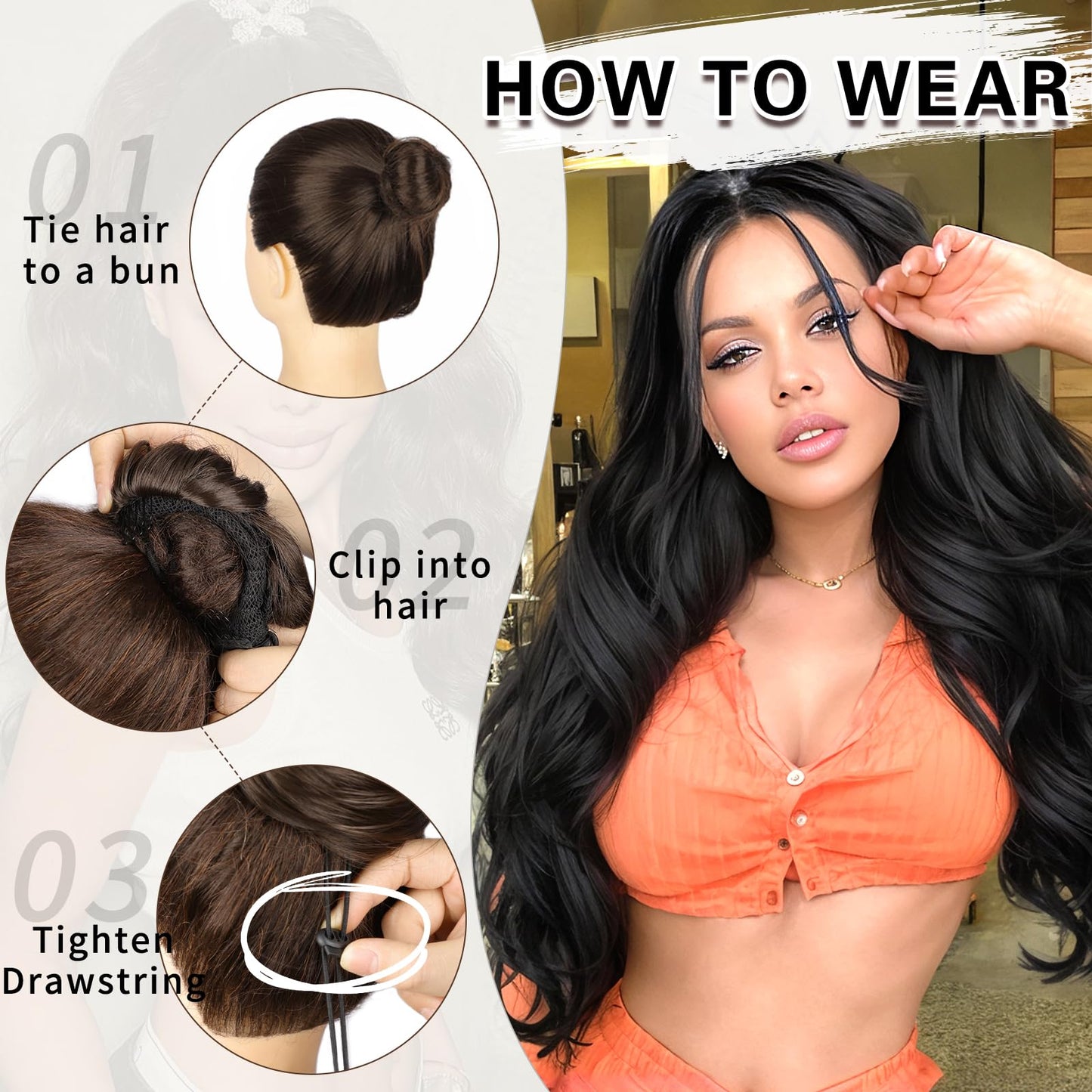 SHNMIN Ponytail Extension, Drawstring Ponytail Extension for Women 24 inch Long Wavy Pony Tails Clip in Ponytail Hair Extensions Synthetic Layered Ponytail for Daily Use
