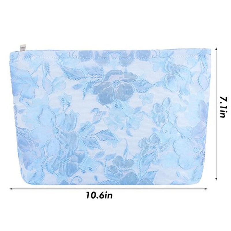ZLFSRQ Flower Makeup Bag Travel Cute Floral Cosmetic Bags for Women Large Makeup Pouch Zipper Cosmetic Pouch for Purse Aesthetic Embossed Blue Makeup Organizer Bag Portable Toiletry Bag