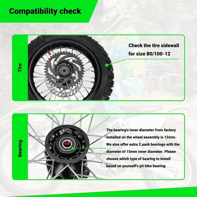 XIKOBY 12'' Rear Wheel 80/100-12 3.00-12 Dirt Bike Tire and Inner Tube Assembly for 110cc 125cc SSR SR125 CX65 TaoTao DB14 Coolster QG-214 with Brake Rotor 428 41T Chain Sprocket