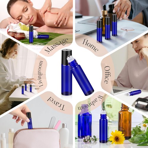 ZEJIA 10ml roller bottles for essential oils, 6 Pack Roll on Bottles, Cobalt Blue Thick Glass Roller Bottles for Oils, with Stainless Steel Roller Balls, 2 Droppers