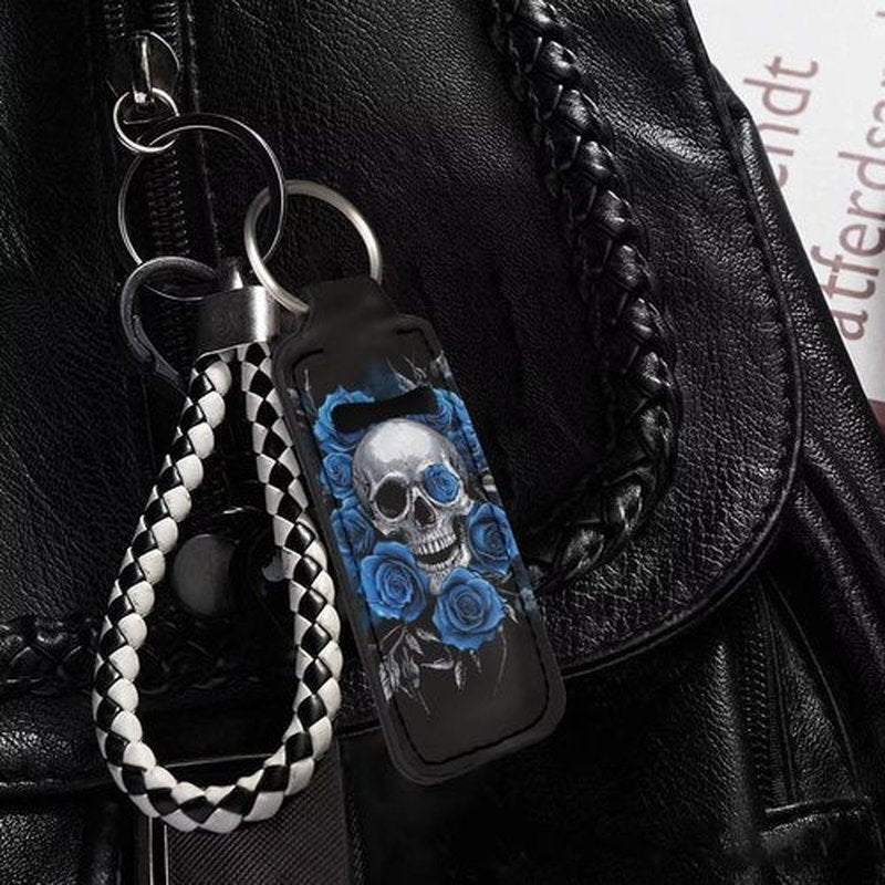 SEANATIVE Skull Roses 5 PCS Lipstick Holder Keychain Chapstick Holder Lip Balm Holder Keyring Portable Neoprene Lipstick Holder Lipstick Pouch with Metal Key Ring for Travel Carry Lipstick