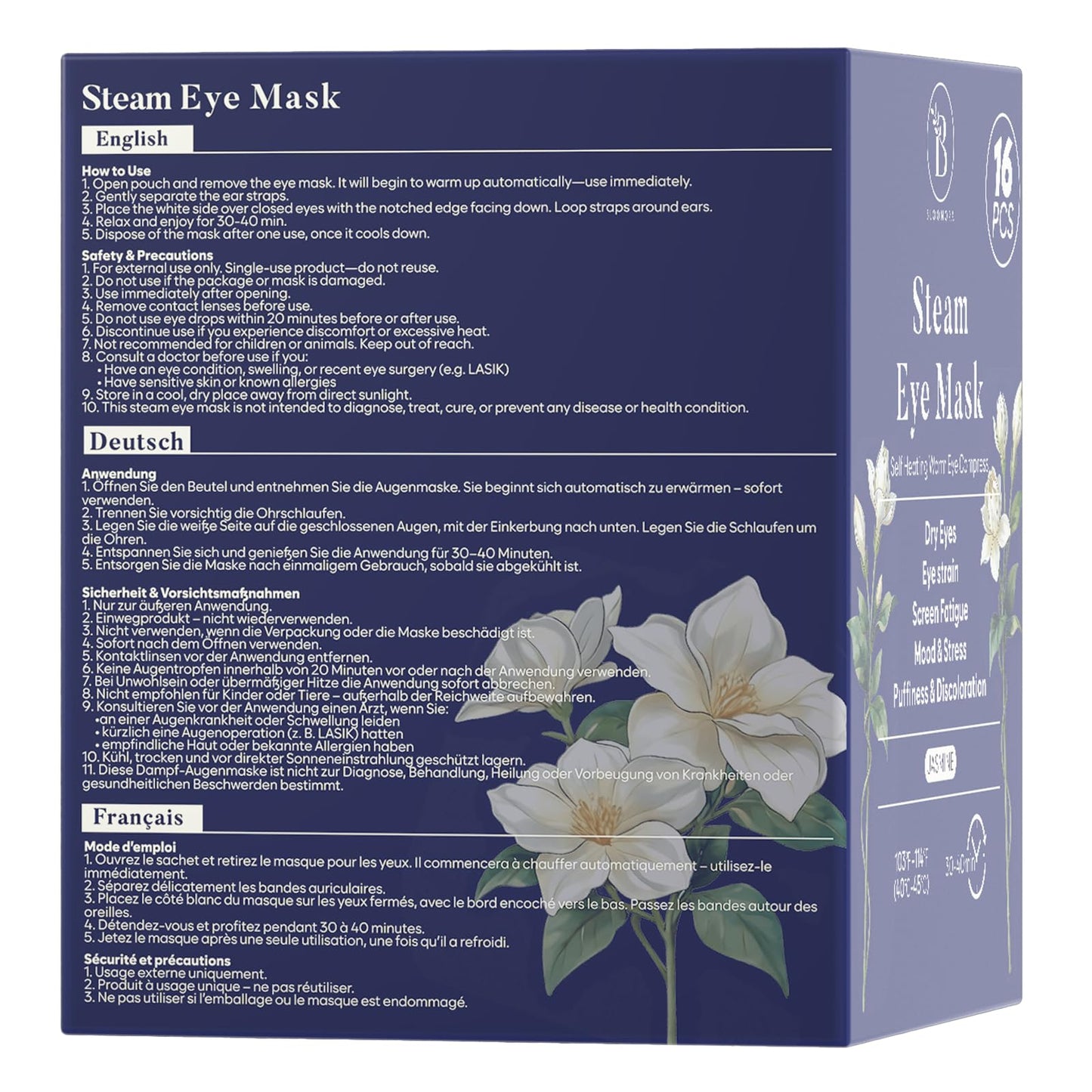 16 Pack Jasmine Steam Eye Mask for Dryness, Puffiness, Strain & Relaxation, Heated Eye Mask for Sleep & Travel, Self-Heating & Disposable Warm Compress, Travel Essentials, Relaxation Gifts for Women