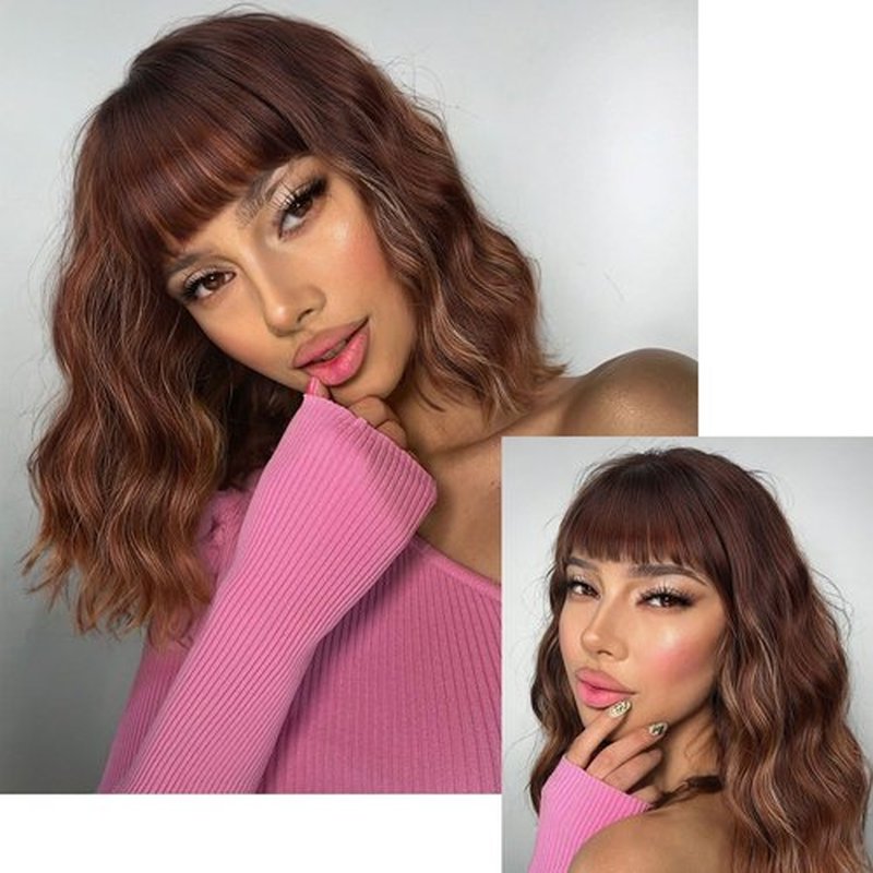 Fancy Hair Brown Highlight Wavy Bob Wig Short Wavy Wig with Bangs Glueless Wear and Go Wig Synthetic Brown Mixed Blonde Shoulder Length Bob for Women Daily Party Use 14inch