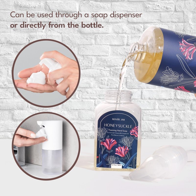 ROMIIE ZOI Foaming Hand Soap Refill Gift Set – Honeysuckle Scent – 3 Pack (1000ML Each) with Dispenser, Gentle & Moisturizing Plant-Based Formula – Bulk Refill Bottles for Bathroom & Kitchen Use