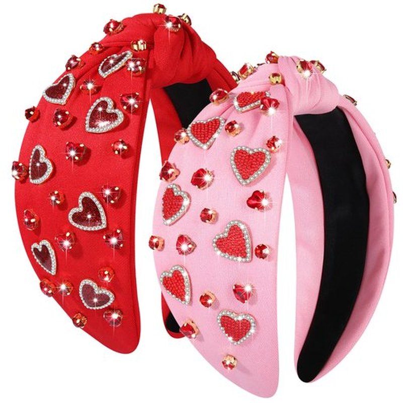 CEALXHENY Valentine’s Day Headbands Accessories for Women Pink Red Beaded Heart Headband Jeweled Wide Top Knot Headband Valentine’s Day Gifts (2PCS Valentines A)