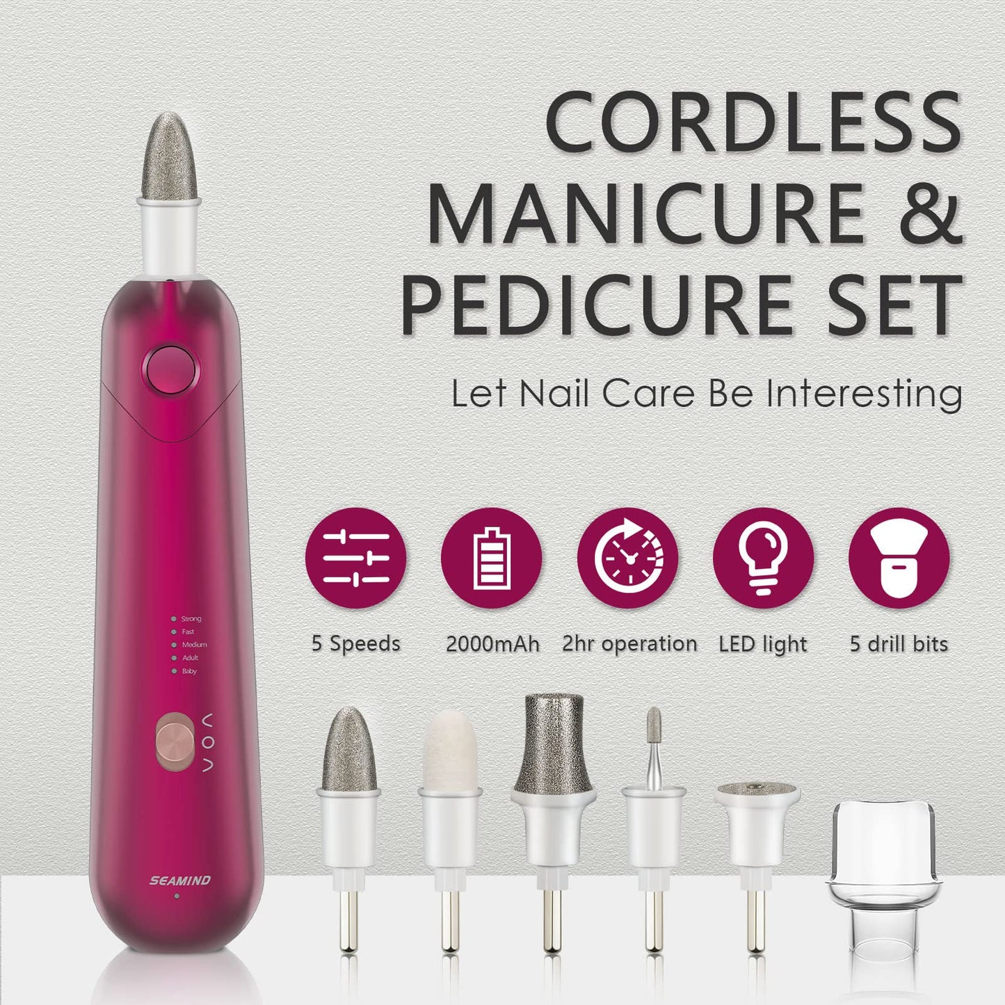 Professional Manicure Pedicure Set, Cordless Electric Nail File Kit, Rechargeable Nail Grinder for Thick Nails, 5 Speeds Hand Foot Nail Care Trimmer Buffer Tools(Red)