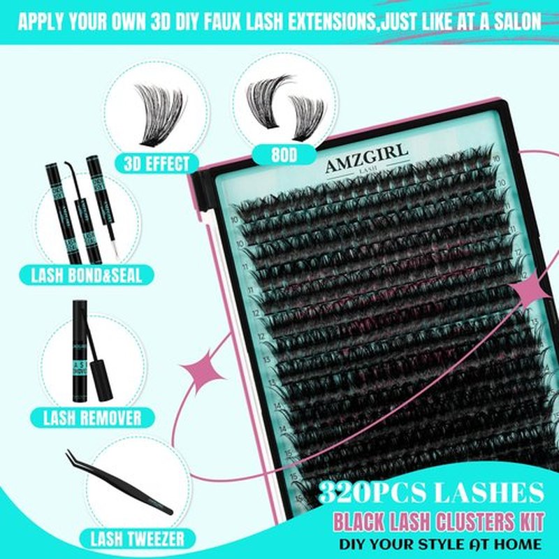 Lash Clusters Kit 320Pcs,80D DIY Individual Lashes Extension Kit,Lash Bond And Seal,Lash Remover For Eyelashes Extensions,Lash Applicator Tool For False Eyelash Cluster Kit At Home(D-Mix10-16mm)