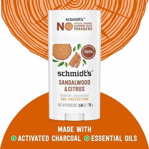 Schmidt's Aluminum-Free Vegan Deodorant Sandalwood & Citrus for Women and Men, with 24 Hour Odor Protection, Natural Ingredients, Cruelty-Free, 2.65 oz