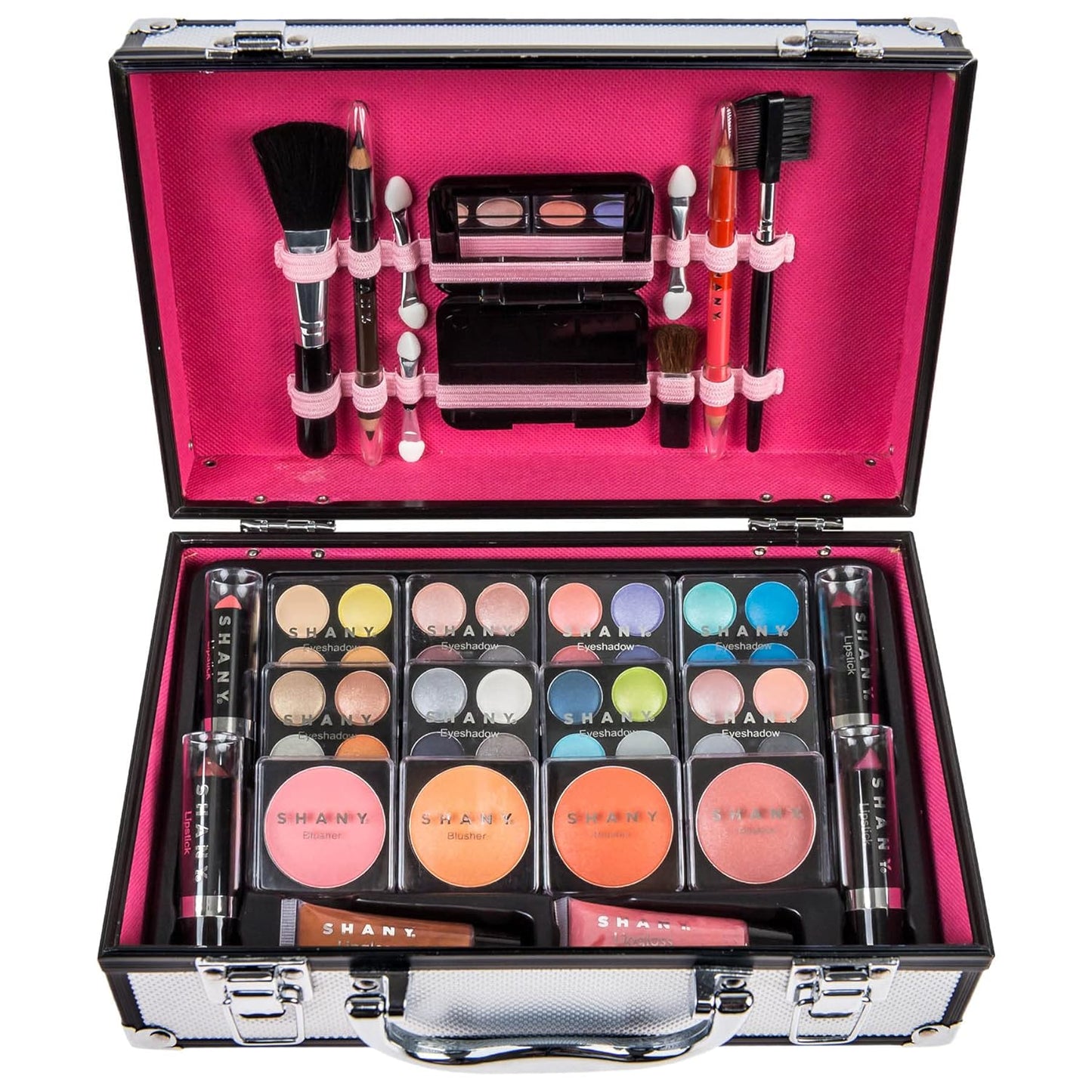 SHANY Carry All Make up Train Case with Pro Makeup Set, Beauty Brushes, Lipsticks, Eye Shadows, Blushes, Powders, and more - Reusable Cosmetics Storage Organizer - Premium Gift Packaging - Leopard