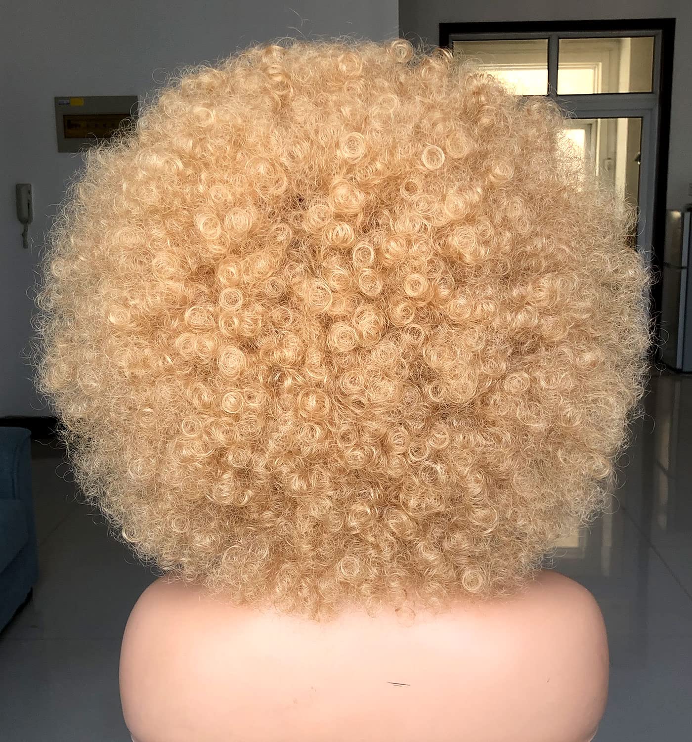 HIHOO Short Afro Wig with Bangs for Black Women Afro Kinky Curly Wig 70s Premium Synthetic Big Afro Wig(Blonde)