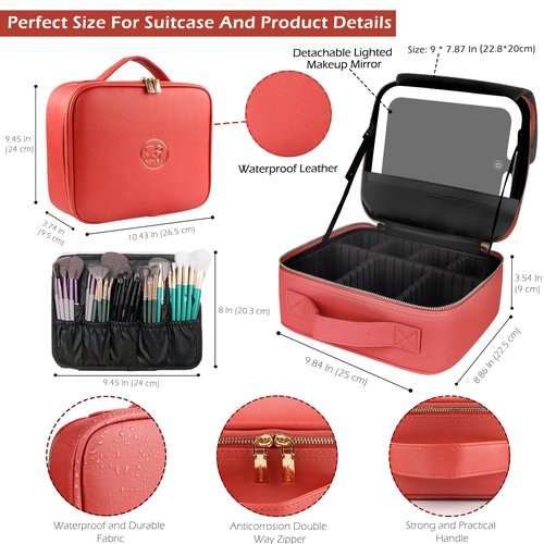 MOMIRA Travel Makeup Bag Cosmetic Bag Makeup Organizer Bag with Large Lighted Mirror 3 Color Scenarios Adjustable Brightness,Red