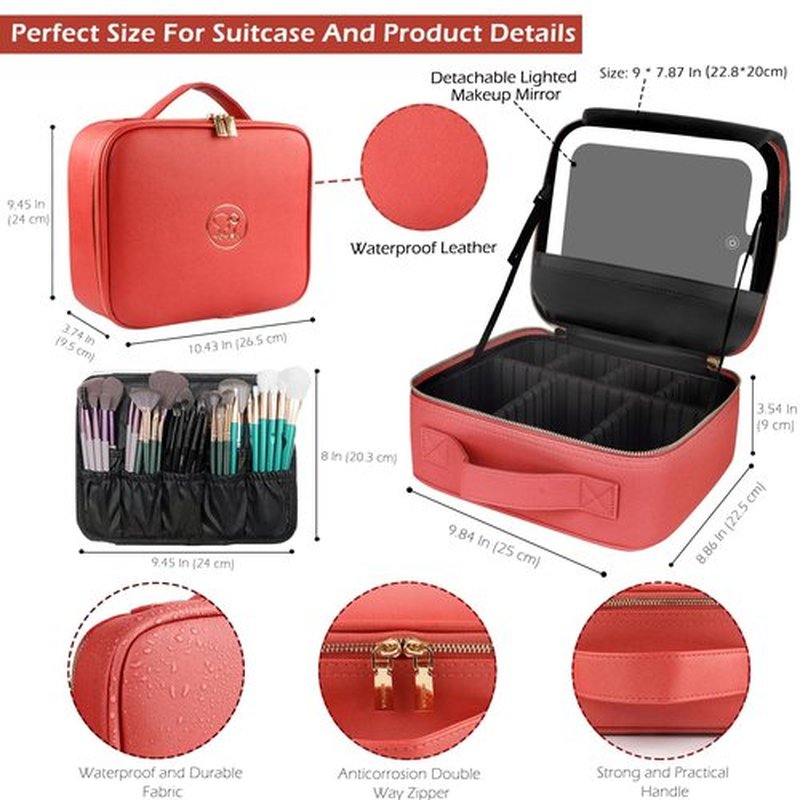 MOMIRA Travel Makeup Bag Cosmetic Bag Makeup Organizer Bag with Large Lighted Mirror 3 Color Scenarios Adjustable Brightness,Red
