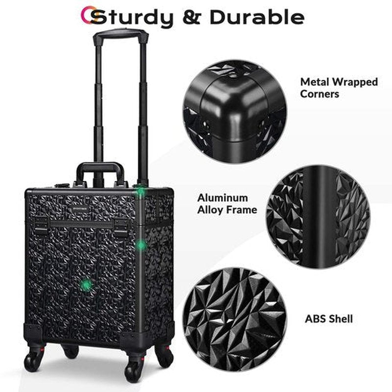 BYOOTIQUE Rolling Makeup Train Case Aluminum Cosmetic Case Portable Makeup Organizer Suitcase with Wheels 4 Tray Cosmetology Trolley Traveling Trunk for Makeup Artist Nail Tech Barber, Mermaid Black