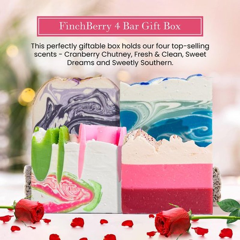 FinchBerry 4-Bar Gift Box - Handmade Soap with Olive Oil, Shea Butter & Coconut Oil - Face & Body Soap in 4 Scents: Cranberry Chutney, Fresh & Clean, Sweet Dreams, Sweetly Southern (4.5oz Each)