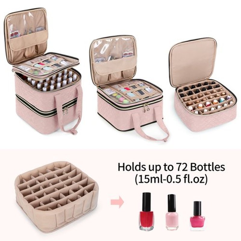 YARWO Nail Polish Organizer Case Holds 72 Bottles (15ml/0.5 fl.oz), Detachable 3 Layers Nail Polish Storage Bag with Removable dividers for Nail Lamp and Nail Art Manicure Tools, Dusty Rose (Bag Only)