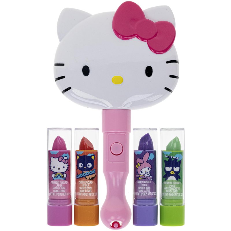 Hello Kitty 4pk Lip Balm Light Up Mirror and Hair Set Bundle with Hello Kitty Stickers