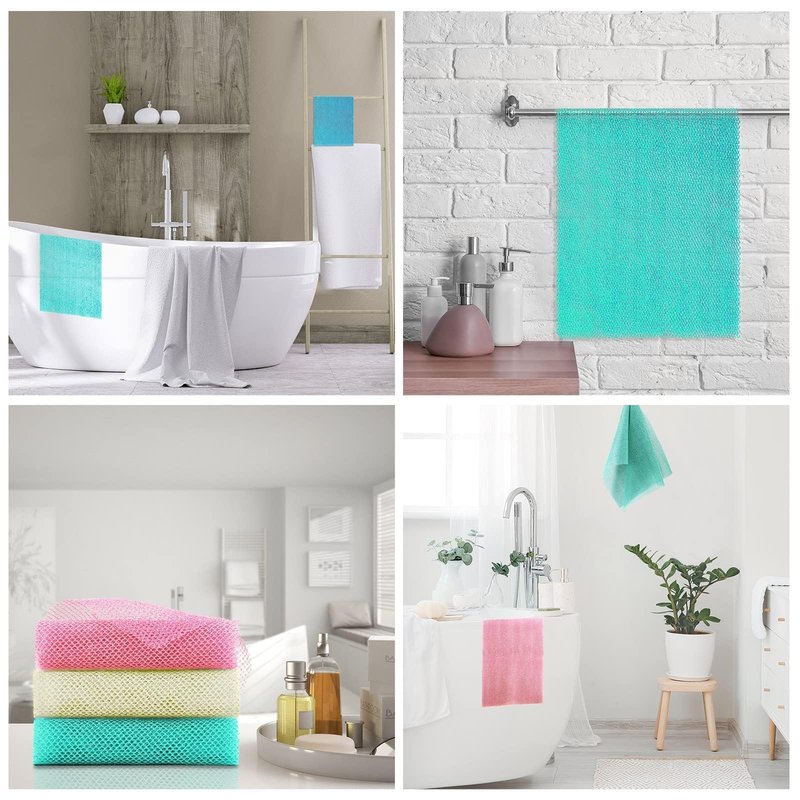 UJFQBH 3 Pieces African Net Sponge, African exfoliating net African Net Long Net Bath Sponge Exfoliating Shower Body Scrubber Back Scrubber Skin Smoother(Pink, Green, Off-White)