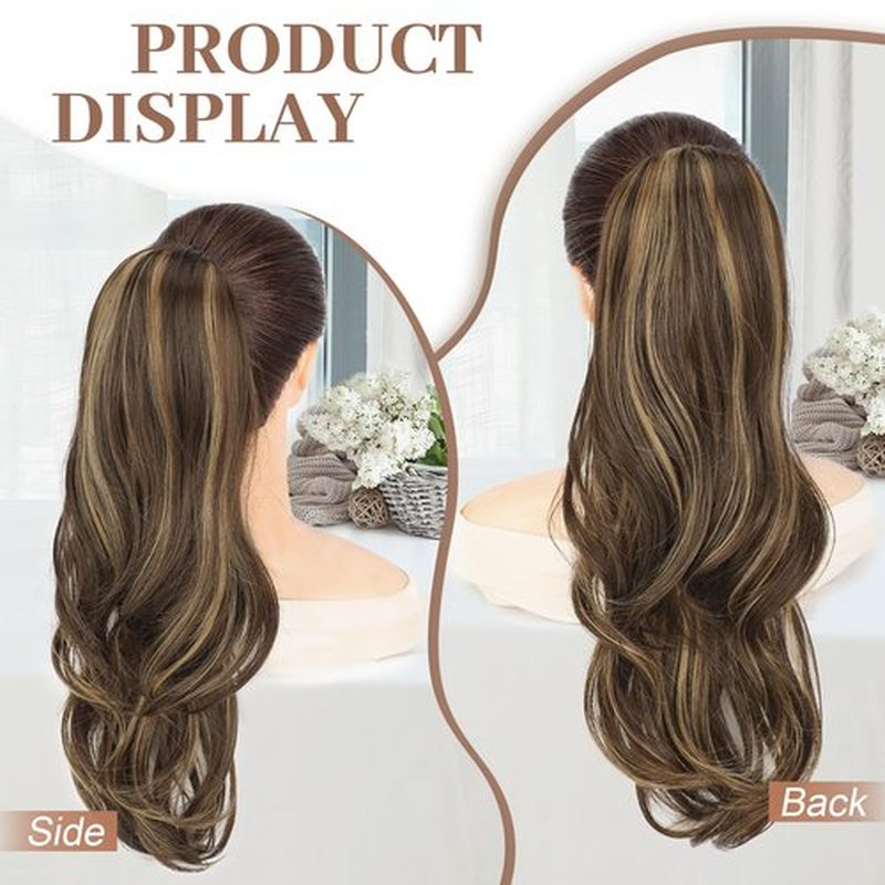 KooKaStyle Ponytail Extensions, 22 inch Balayage Chocolate Brown with Highlights Long Drawstring Wavy Clip in Ponytail Hair Extensions Layered Synthetic Hairpiece for Women