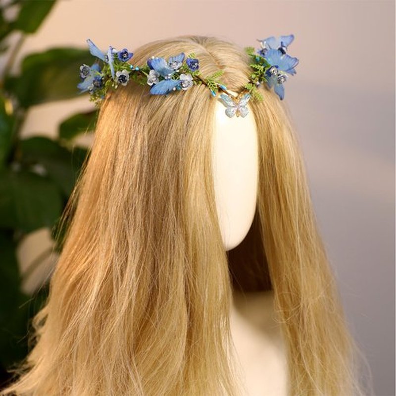 MOSTORY Blue Butterfly Flower Crown - Handmade Fairy Headpiece Floral Tiara Spring Woodland Circlet for Women Girls Wedding Renaissance Cosplay Party Festival