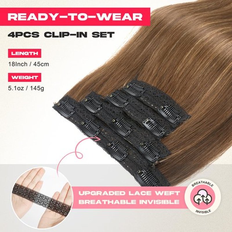 NTYNTY Hair Extensions, 4PCS 18" Clip in Hair Extensions Layered Cut Natural Lightweight Hairpieces with Thinner Softer Invisible Weft for Women - Light Brown with Highlights