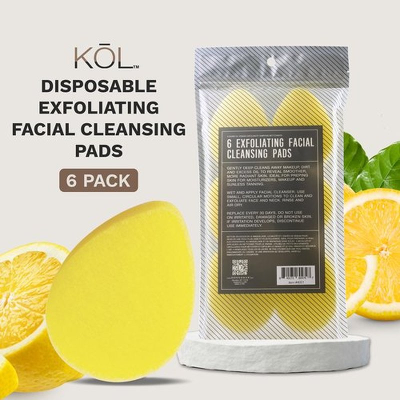 KOL Face Scrubber, Lemon Infused Exfoliating Facial Cleansing Pads, Disposable Exfoliator Face Sponge for Daily Face Cleaning and Makeup Removal, 6 Count
